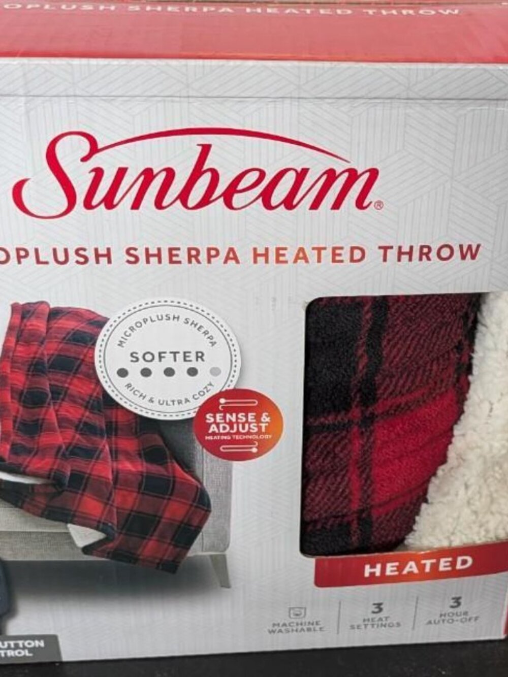 Sunbeam Microplush Sherpa Heated Electric Throw, Red Buffalo 50" x 60 - New